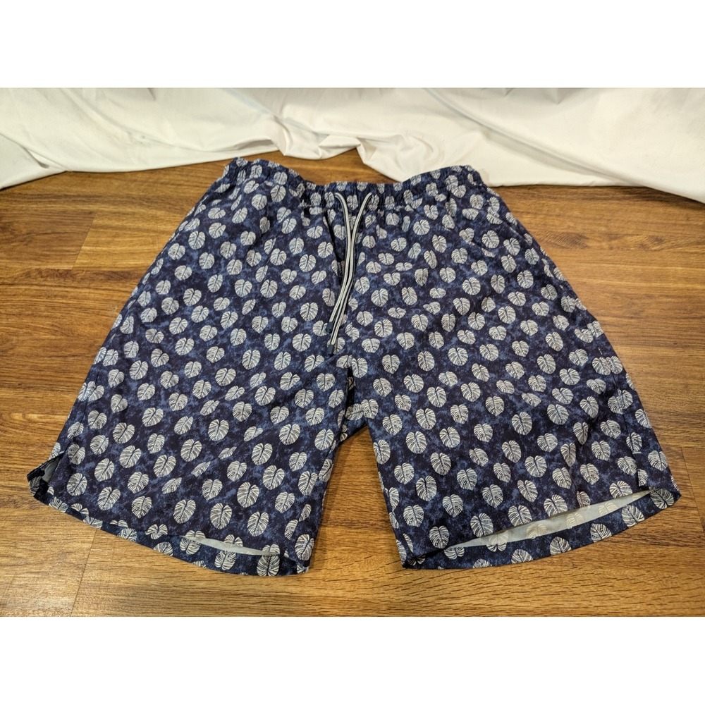 Peter Millar Atlantic Blue Tropical Leaf Print Swim Trunks Large